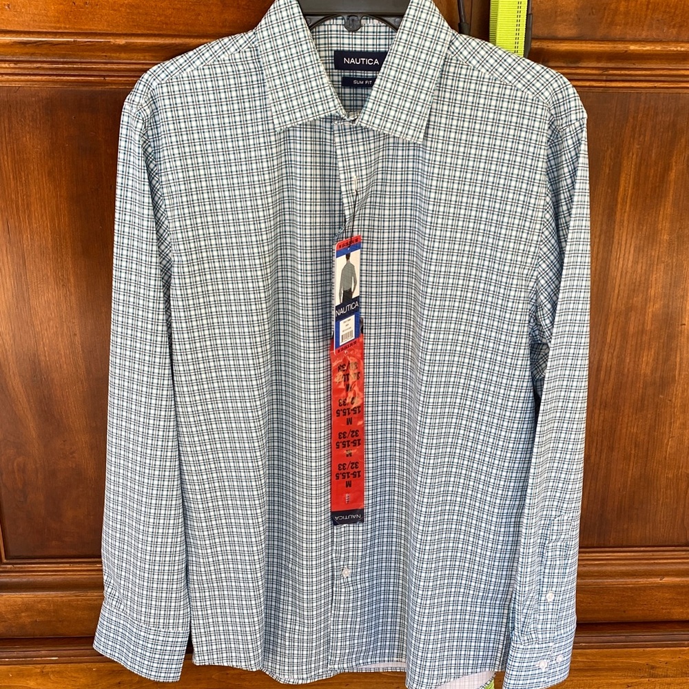 Nautica Men's Green and White Plaid Shirt